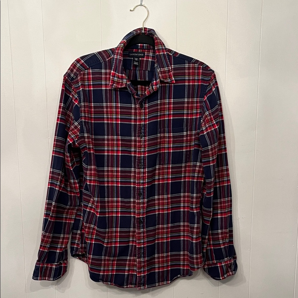 Lands' End Plaid Flannel Button-Down Shirt in Navy and Red